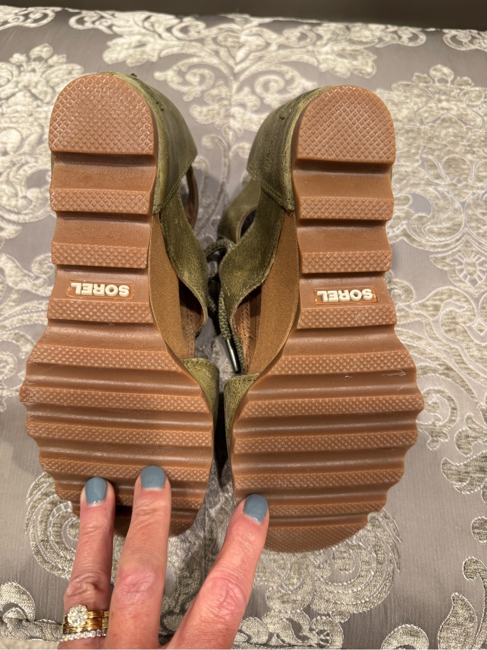 SOREL Olive Green Women's Lace-Up Peep Toe Wedge Sandals - Picture 4 of 5